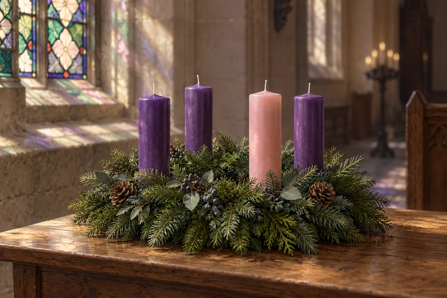 An Advent wreath holding three purple candles and one rose candle.