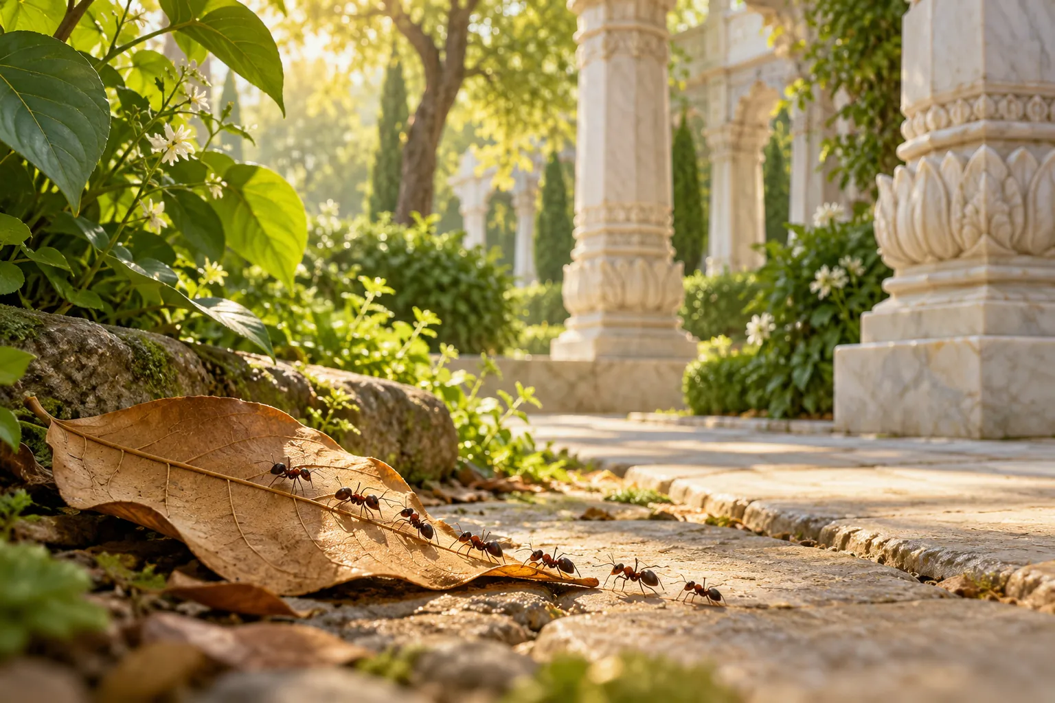 Small ants crossing a dry leaf beside pale carved columns and green plants.