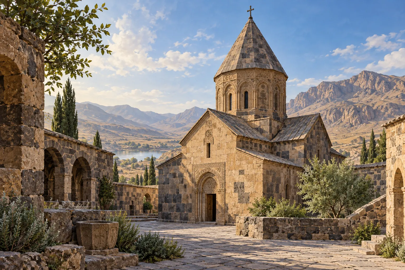 A stone church with a conical roof and a cross in a walled mountain courtyard.