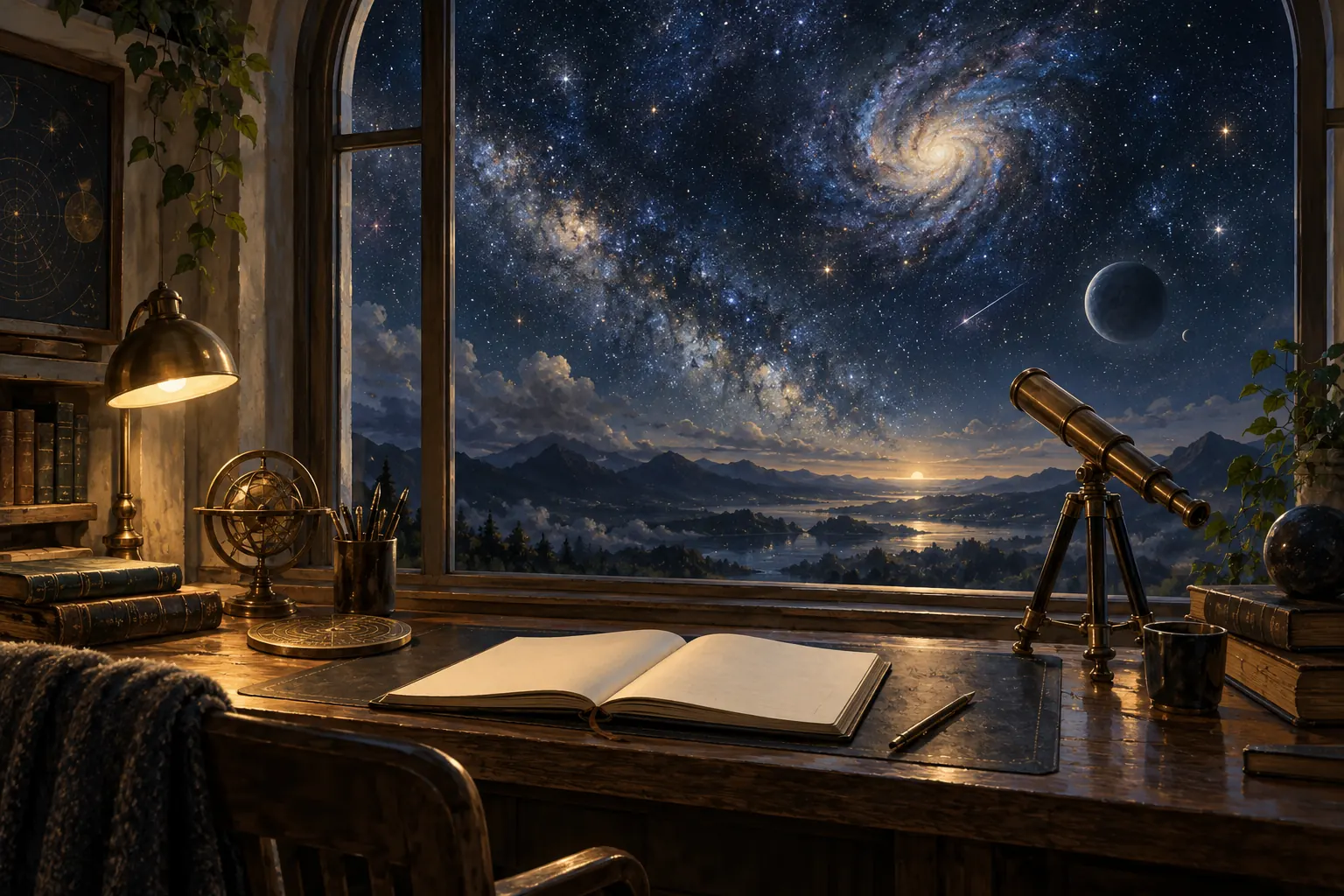 Artistic illustration: A telescope and blank notebook beside an imagined star-filled sky.