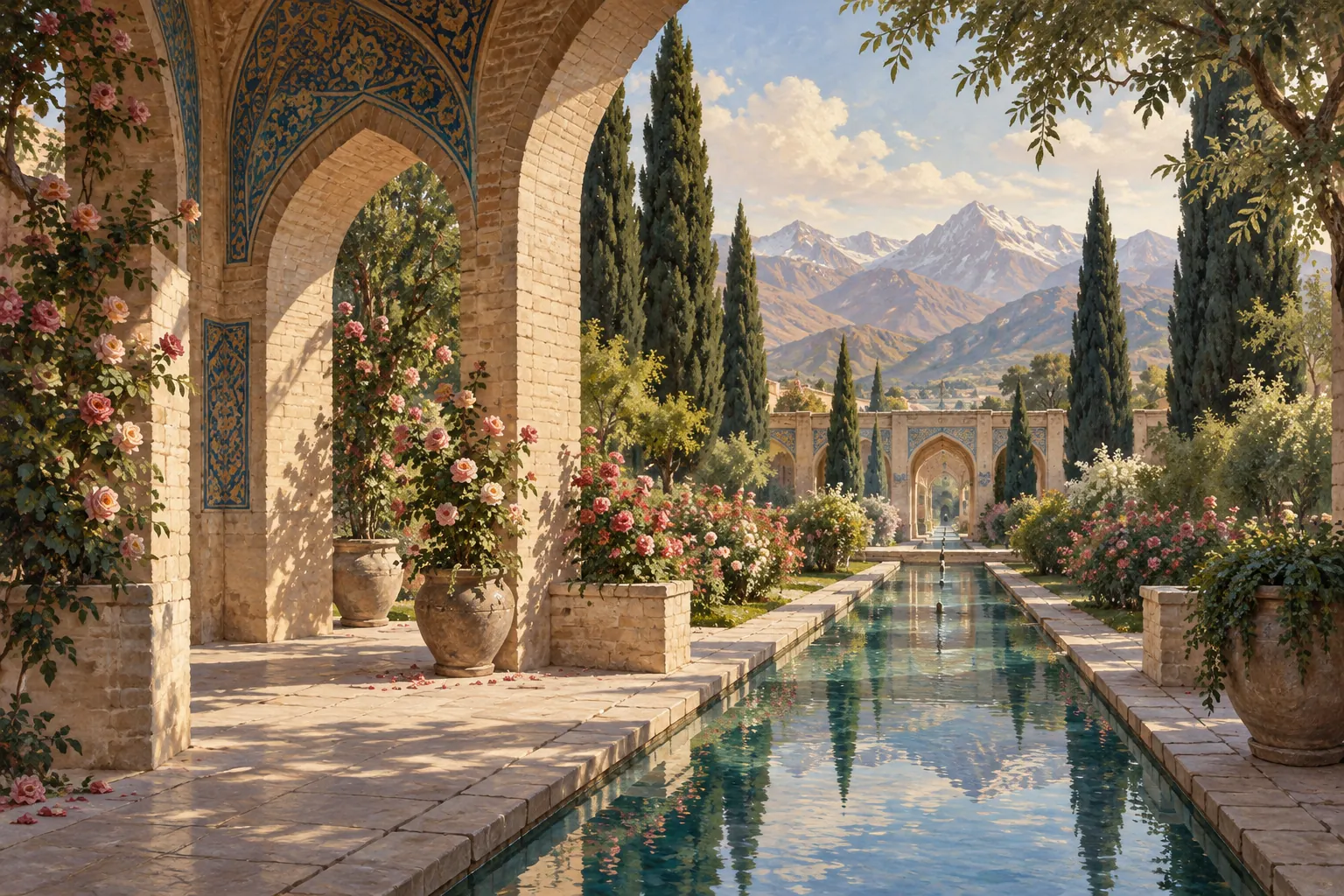 Brick arches, roses, and cypress trees border a long reflecting pool beneath distant mountains.