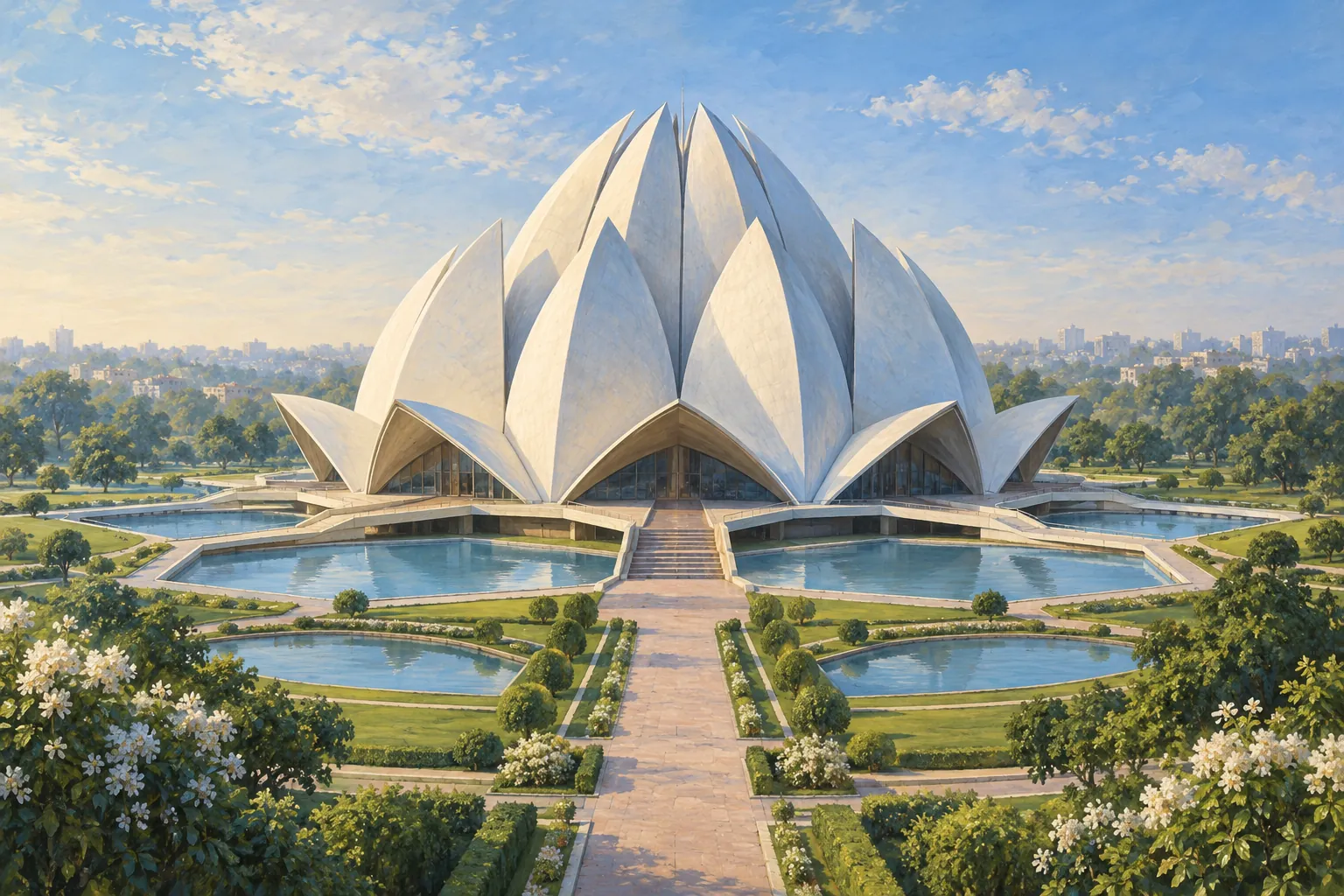 A white petal-shaped building surrounded by reflecting pools and gardens.
