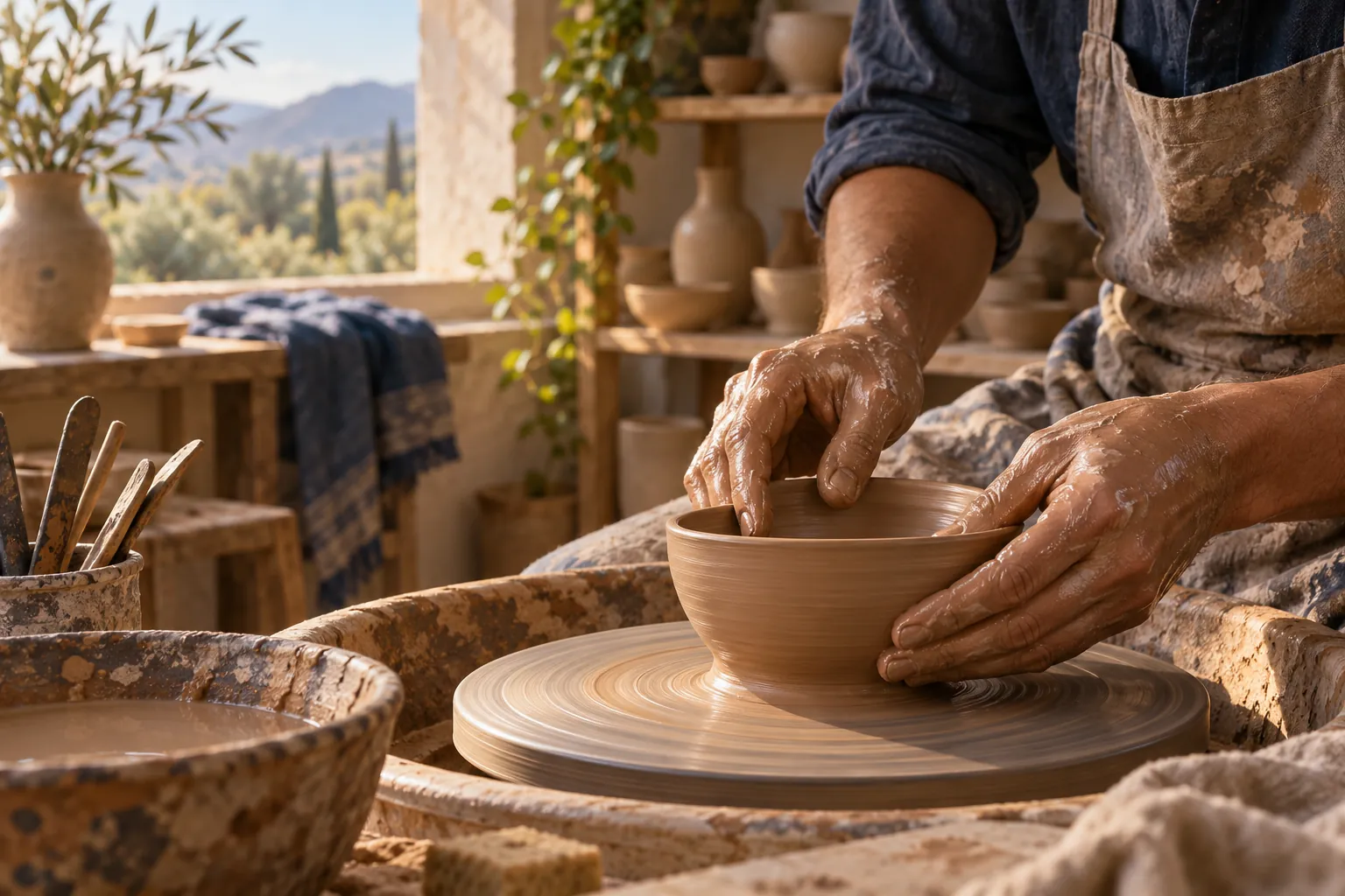 A potter’s hands shaping a clay bowl on a wheel in warm light.