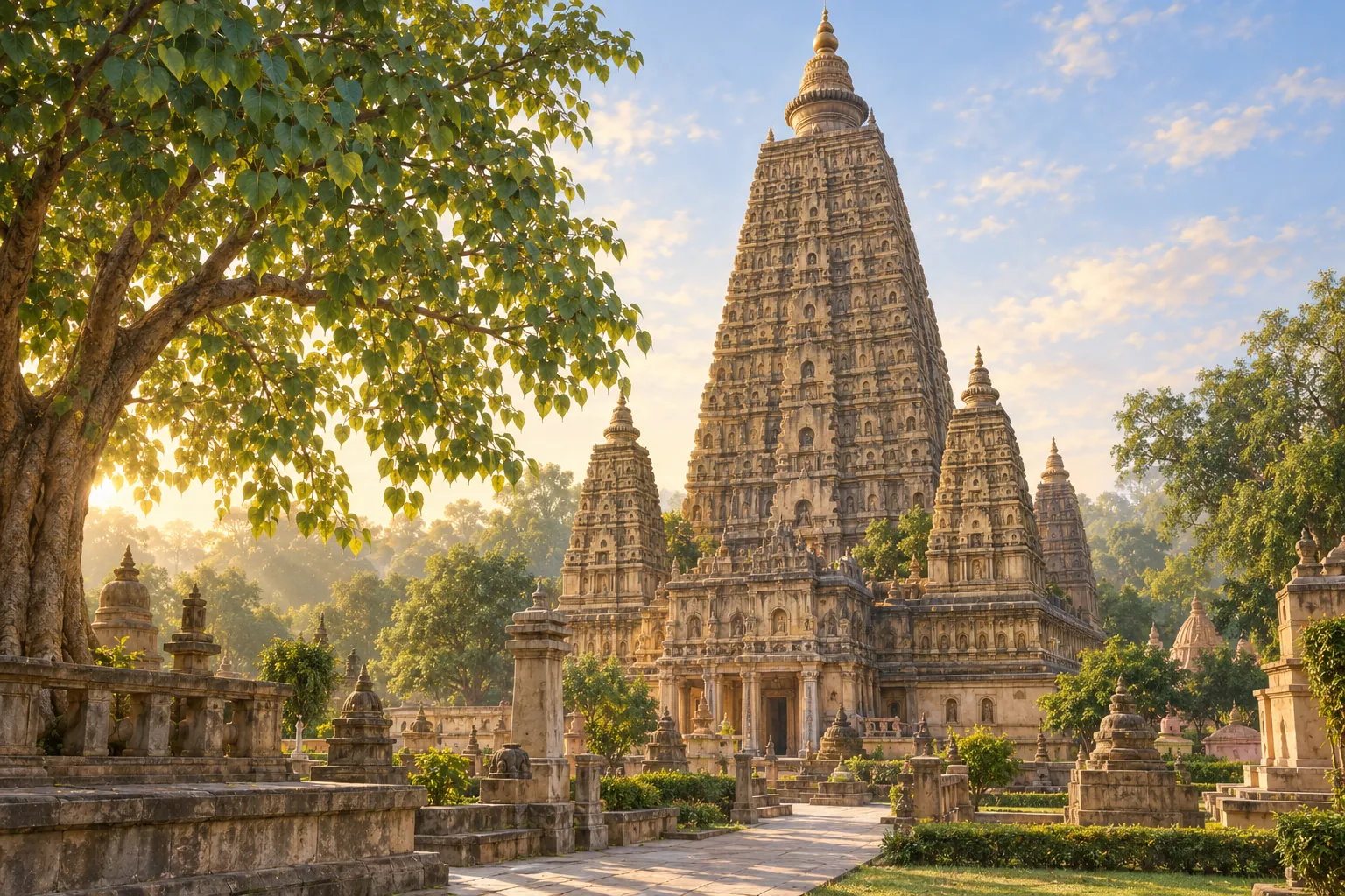 A tall tapering temple tower with smaller towers, carved niches and a leafy fig tree.