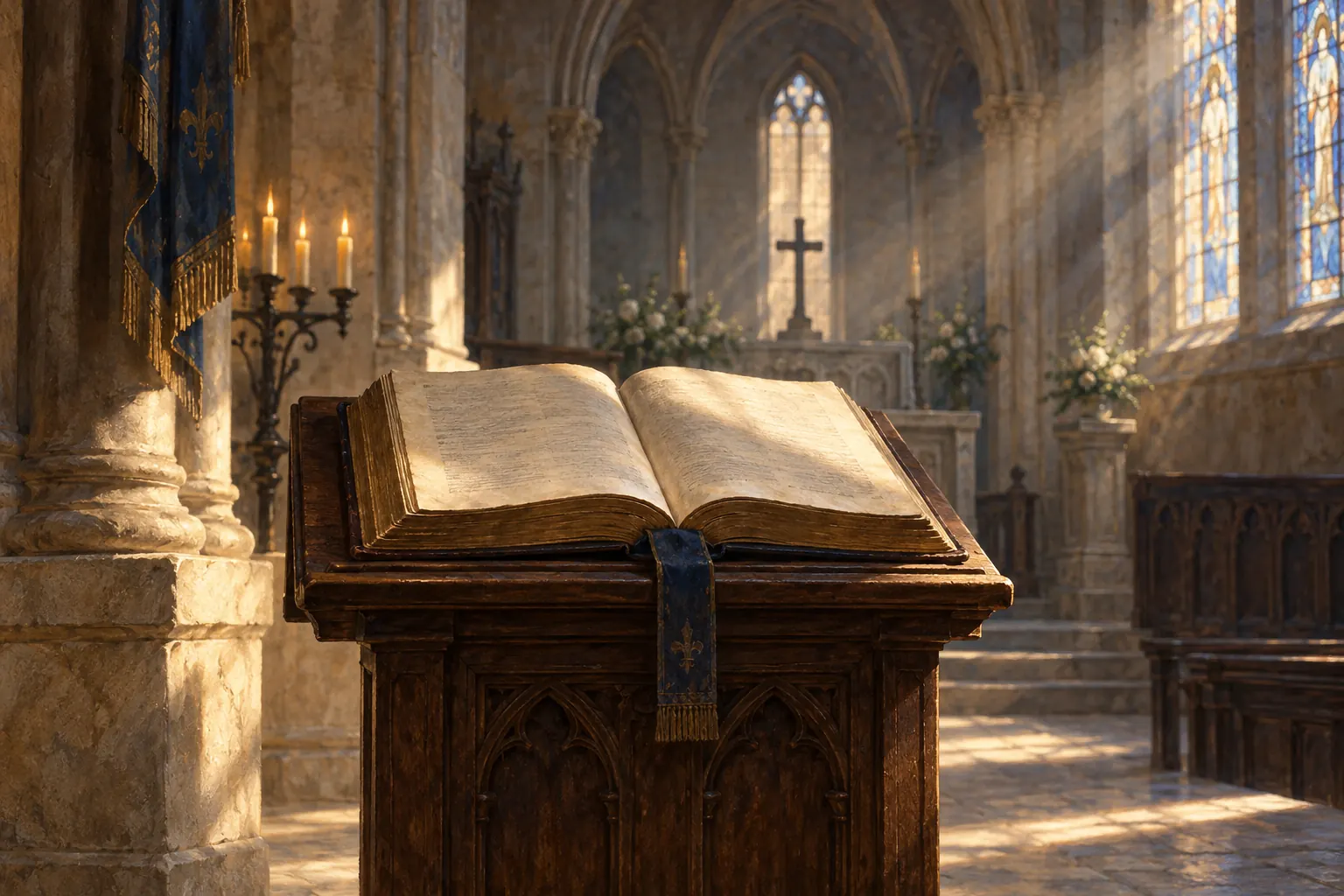 Artistic illustration: An open book on a wooden lectern beneath a cross in a sunlit church.