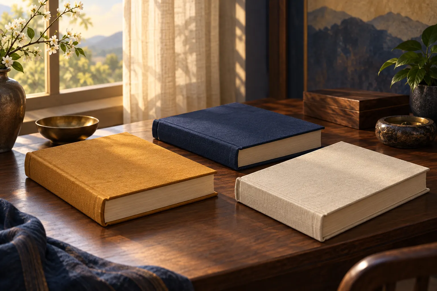 Artistic illustration: Three closed books with plain ochre, navy and cream covers on a reading table.