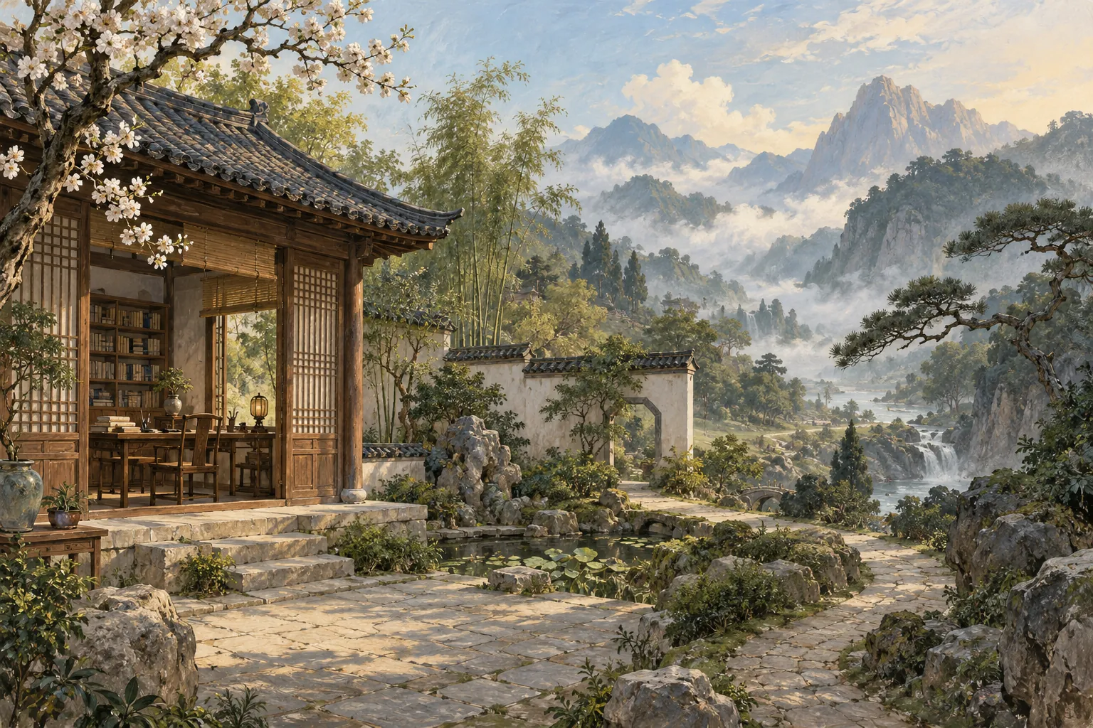 A study hall opens toward a garden path and a misty mountain landscape.
