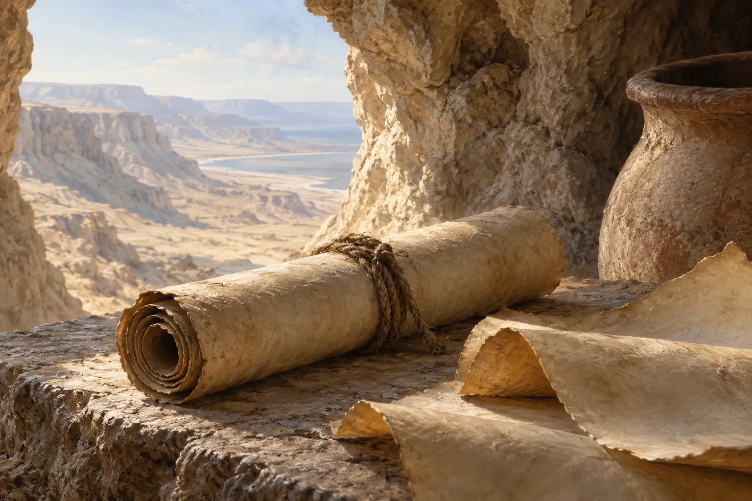 A rolled manuscript, loose parchment, and a pottery jar in a limestone cave.