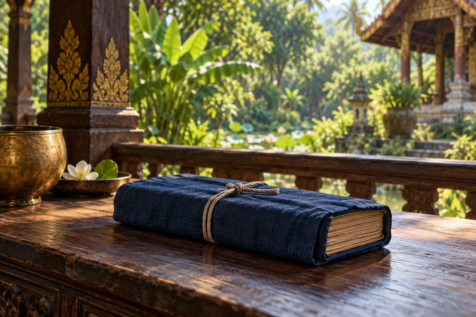 Artistic illustration: An indigo cloth-wrapped manuscript bundle on a monastery veranda table.