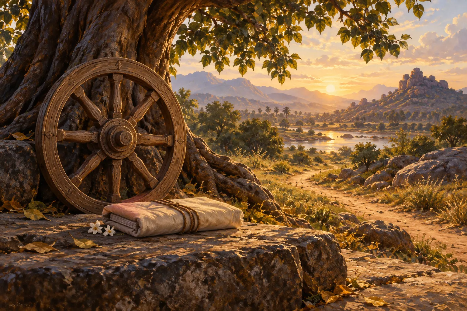 Artistic illustration: A wooden wheel and wrapped manuscript beside a tree and a winding path.