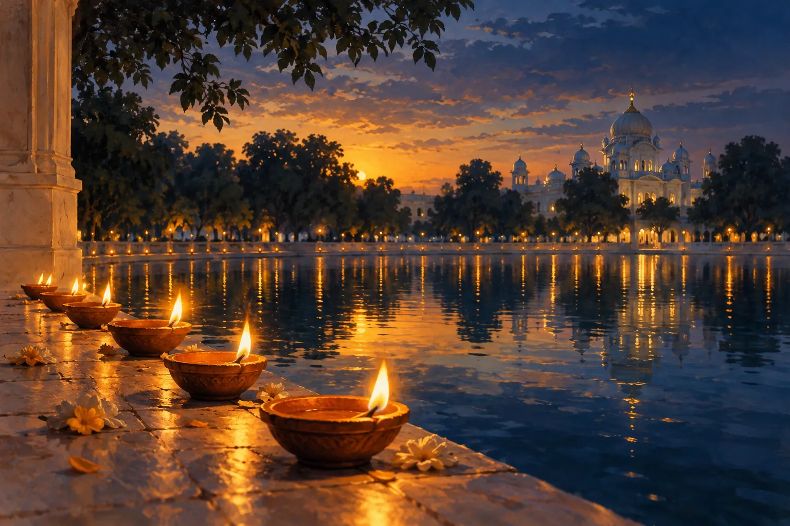 Artistic illustration: Small oil lamps reflected in water beside an imagined domed building at dusk.