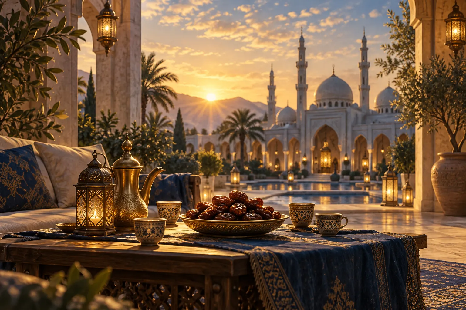 Artistic illustration: Dates, cups and a brass pot in an imagined courtyard at sunrise.