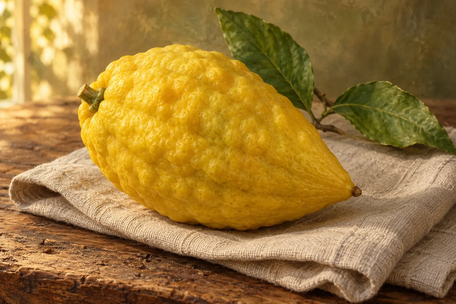 Artistic illustration: A yellow etrog with a bumpy rind and a small brown tip rests on linen beside green leaves.