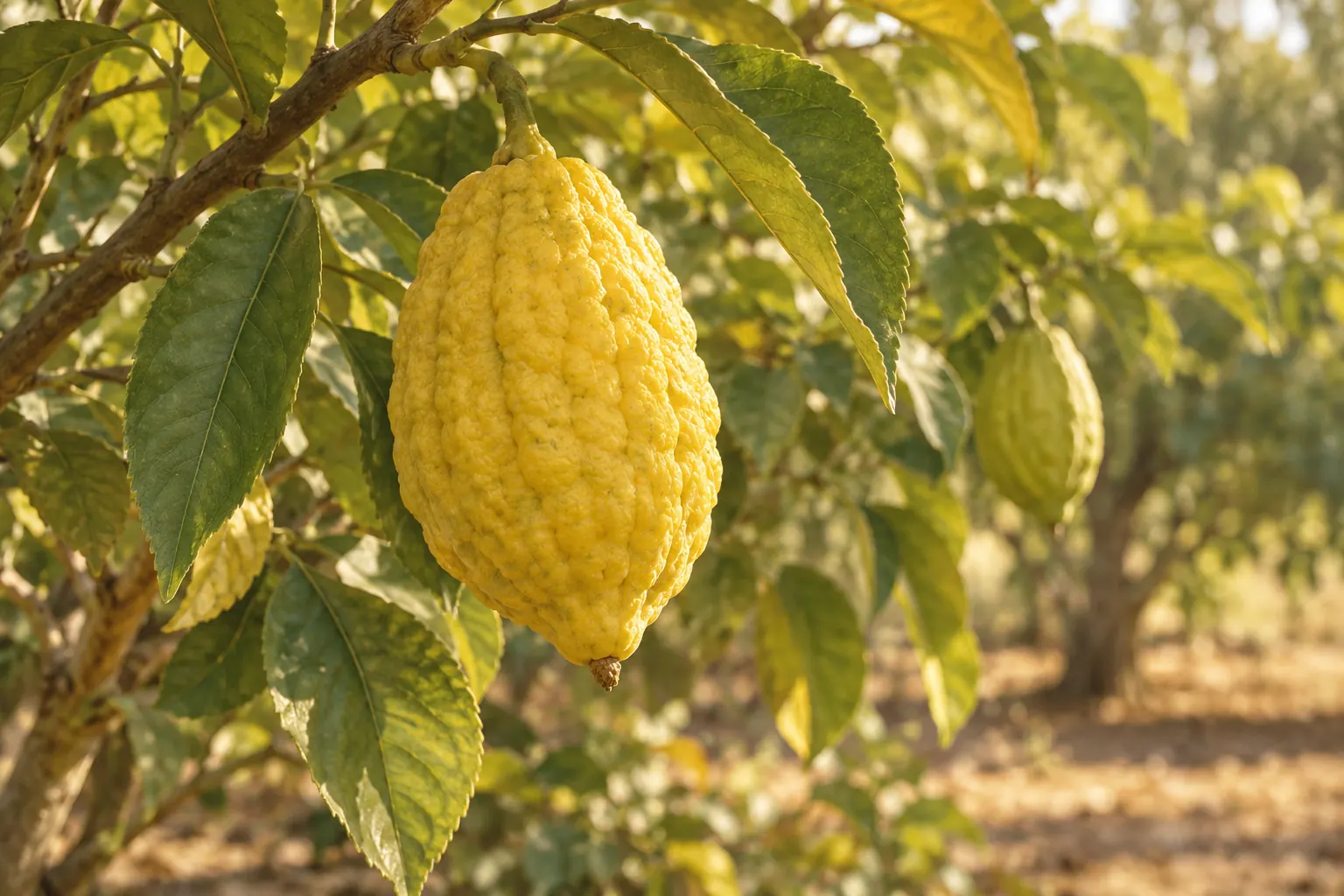 Artistic illustration: A ripe yellow etrog hangs from a leafy citron branch, with another fruit behind it.