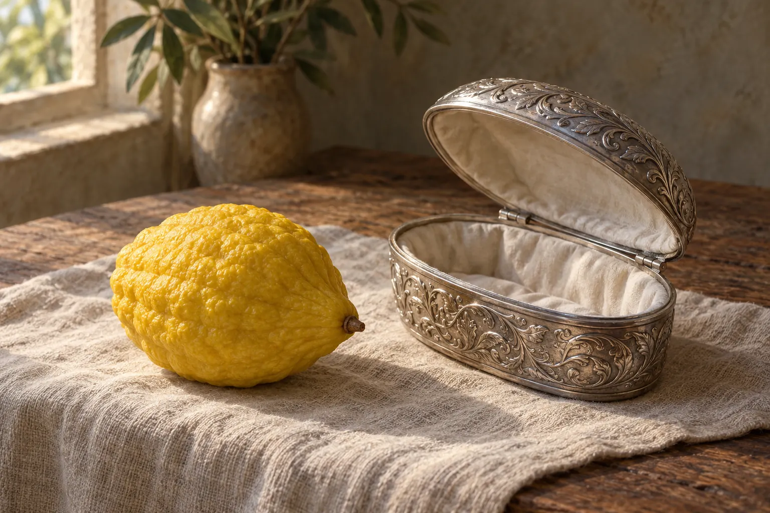 Artistic illustration: A yellow etrog rests on linen beside an open, fabric-lined silver case with leaf decoration.