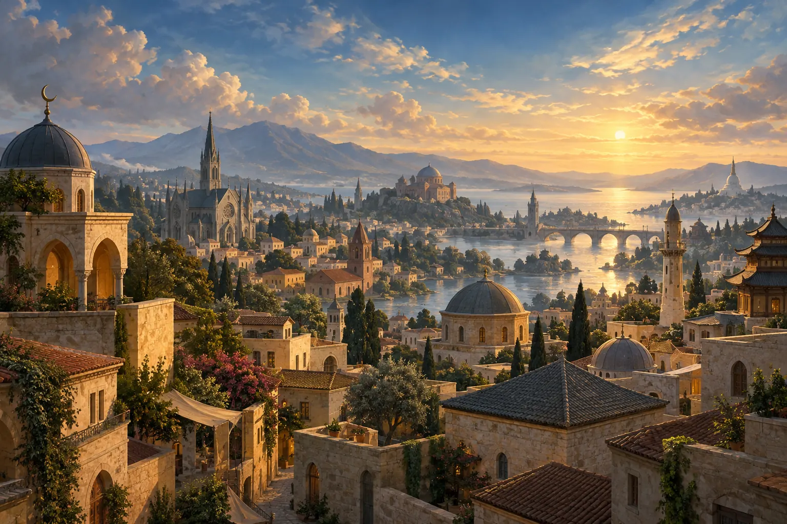 Artistic illustration: An imagined panoramic city with varied houses and places of worship.