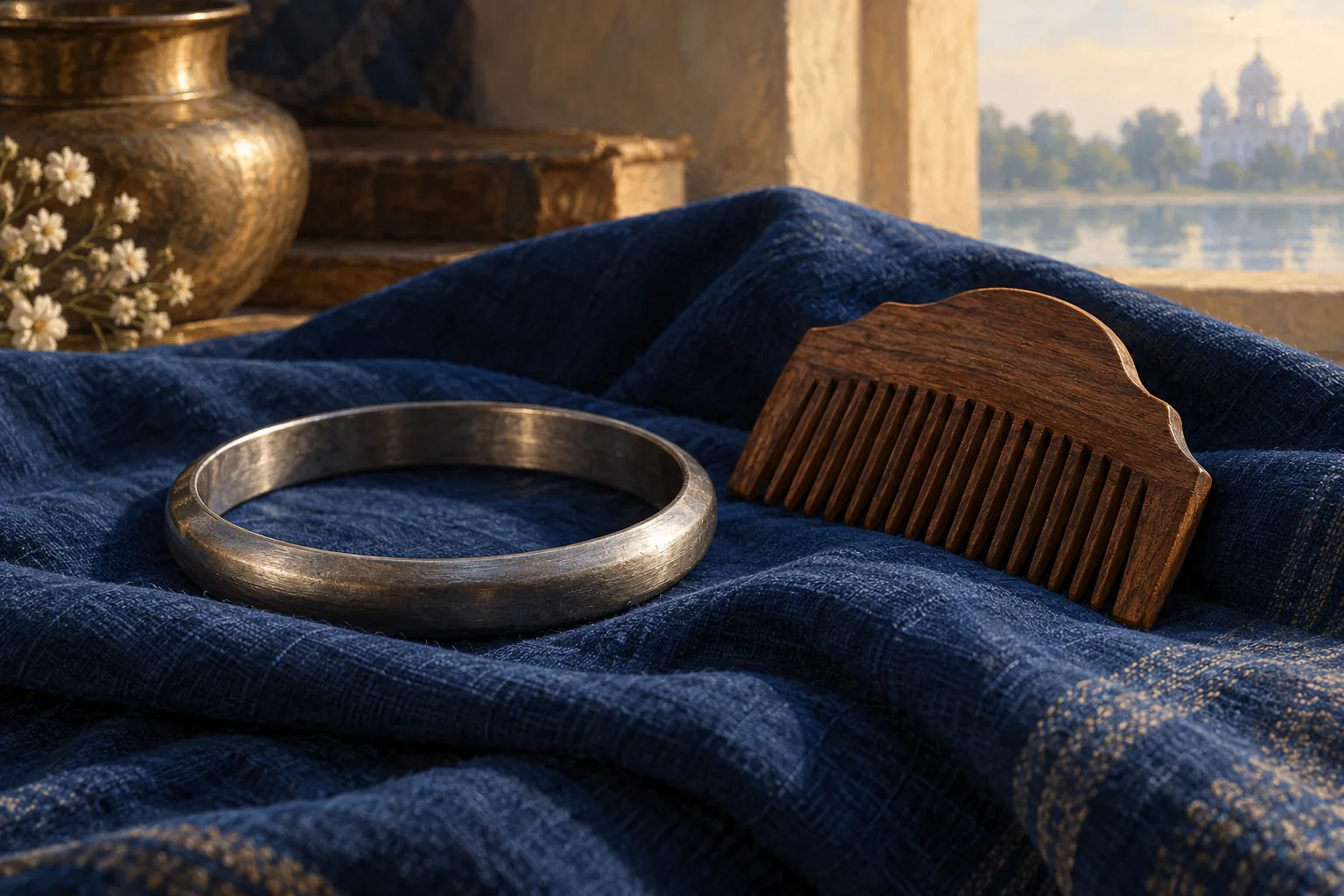 A steel bracelet and a wooden comb resting on blue fabric.