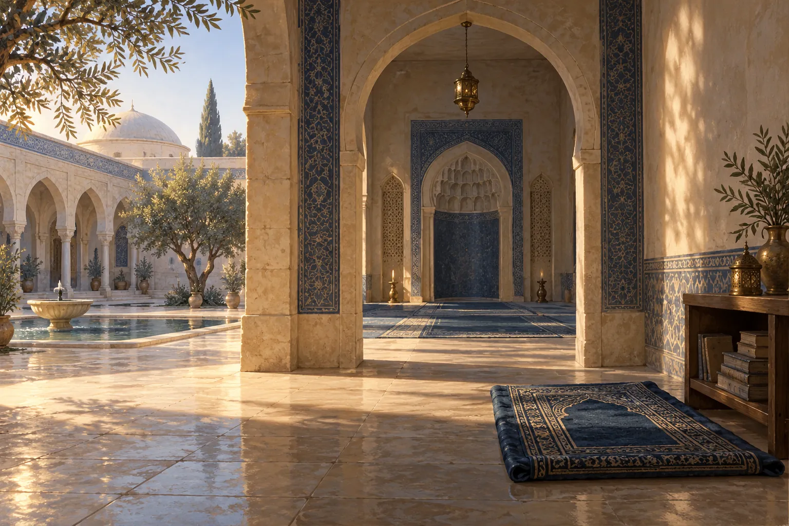 Sunlit mosque courtyard with an empty prayer niche and a folded prayer rug.