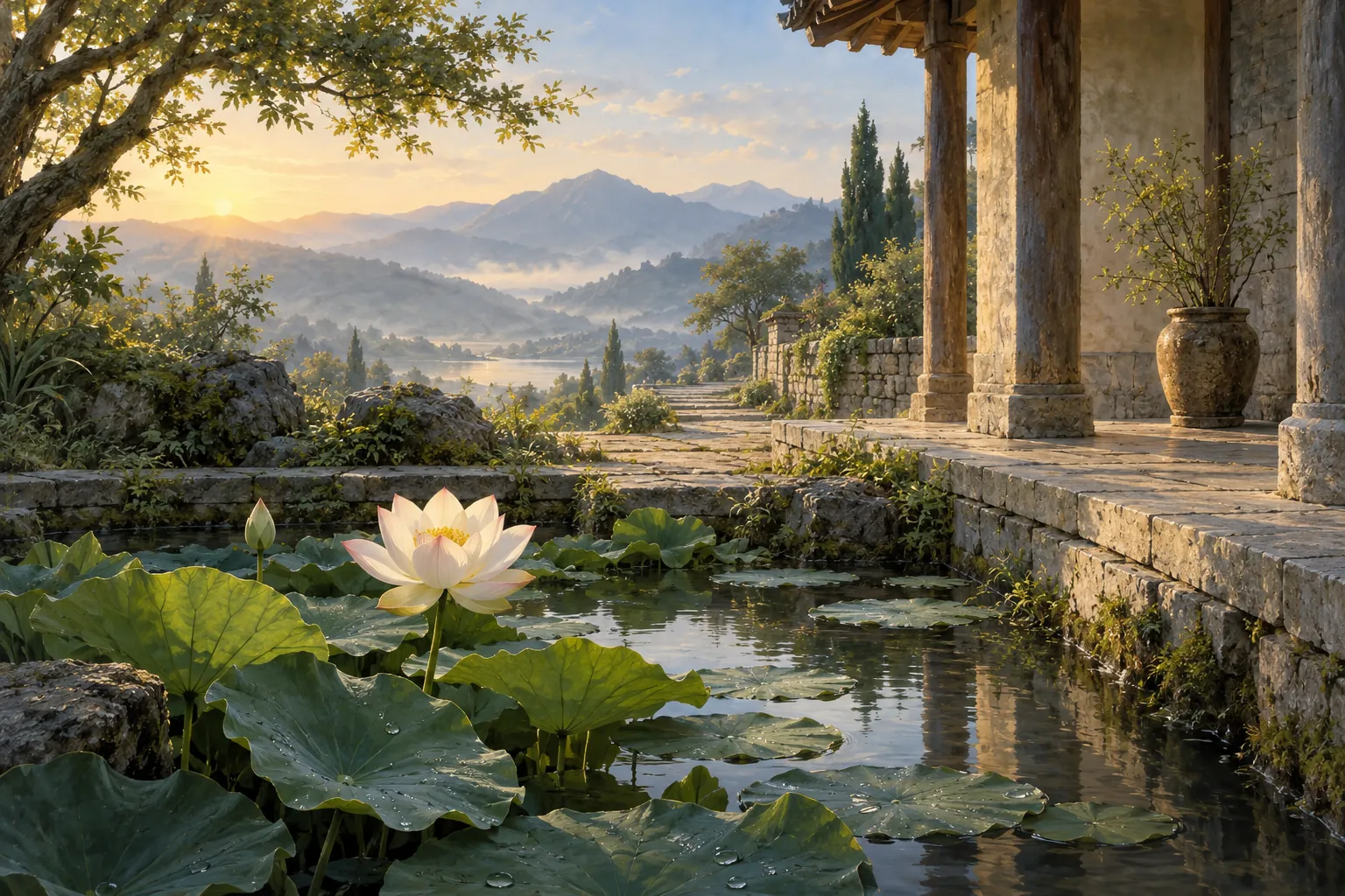 Lotus pond beside a quiet stone veranda and a wooded landscape.