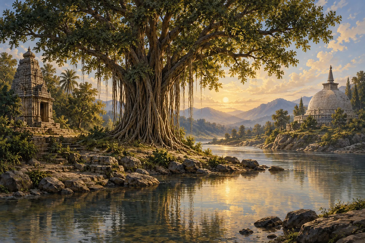Artistic illustration: A banyan tree and river between a distant stone shrine and stupa in an imagined landscape.