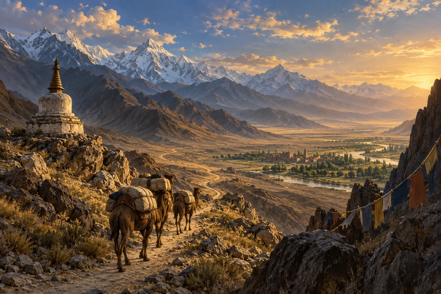 Artistic illustration: Pack camels on an imagined mountain trade route beside a stupa.