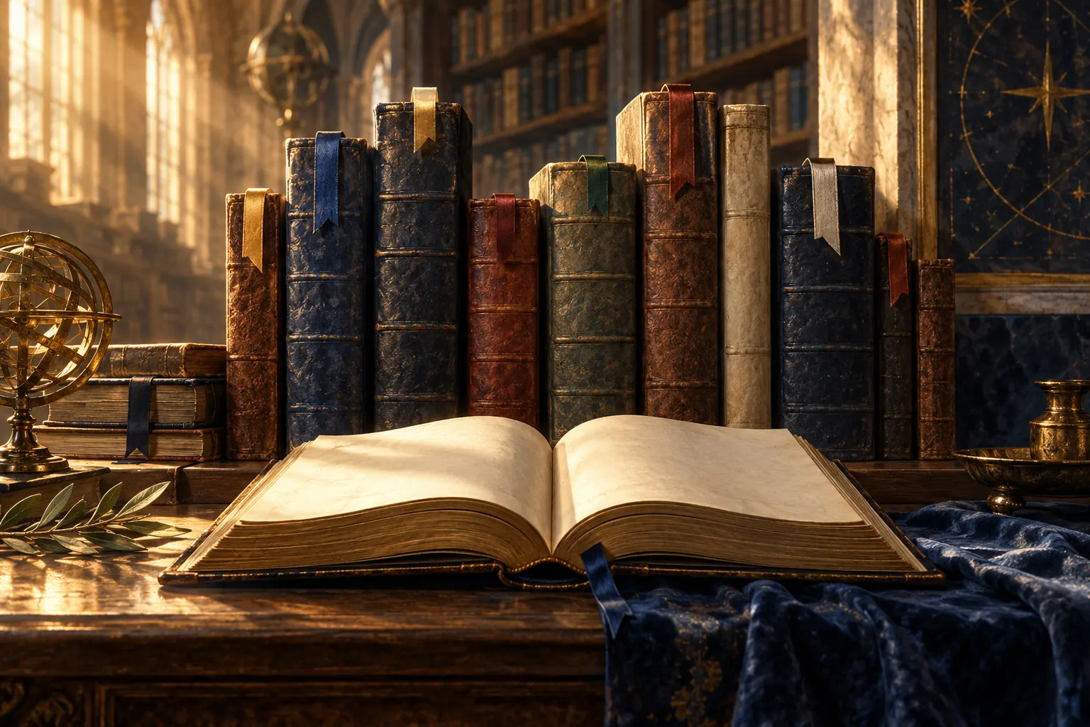 Artistic illustration: Bound volumes with colored bookmarks behind an open unlettered book.