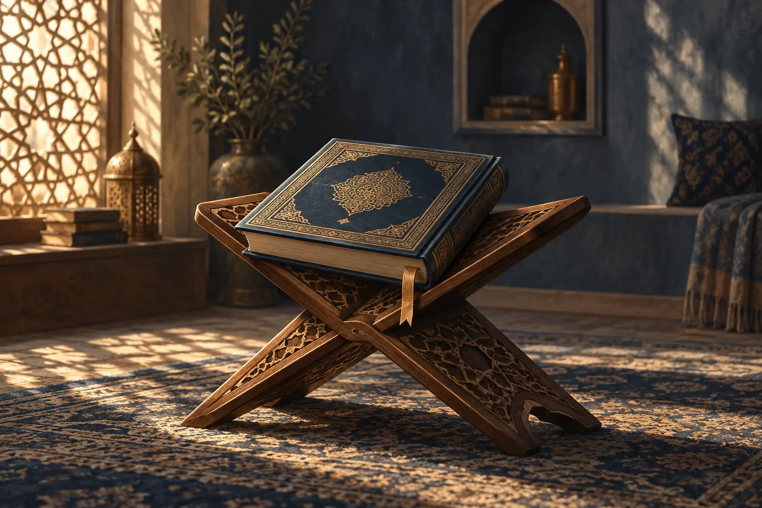 Artistic illustration: A closed book with a bookmark resting on a wooden reading stand.