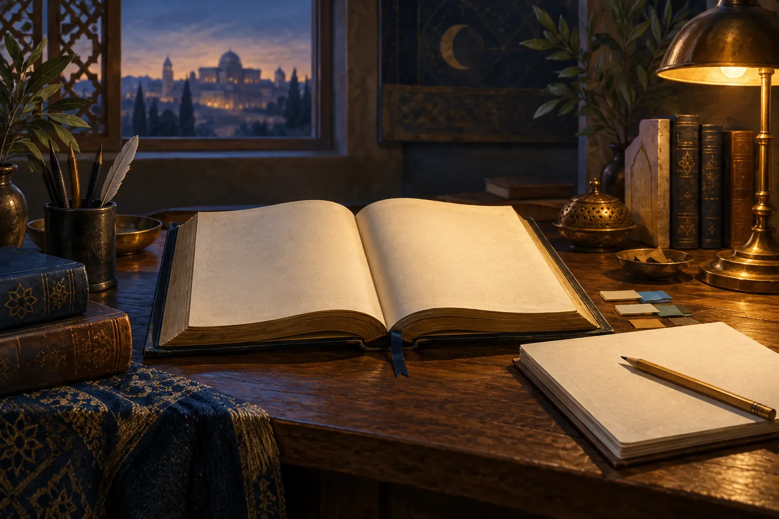 Artistic illustration: An open blank book, notebook, pencil and index tabs under warm lamplight.