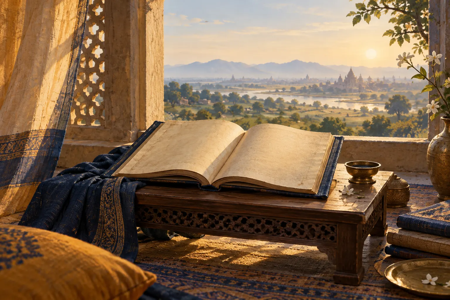 Artistic illustration: An open unlettered book on a low desk overlooking a sunlit river plain.
