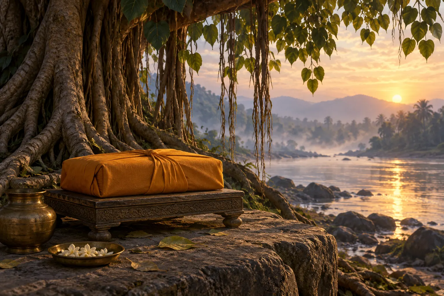 Artistic illustration: A saffron cloth-wrapped manuscript bundle on a stand beneath a banyan tree.