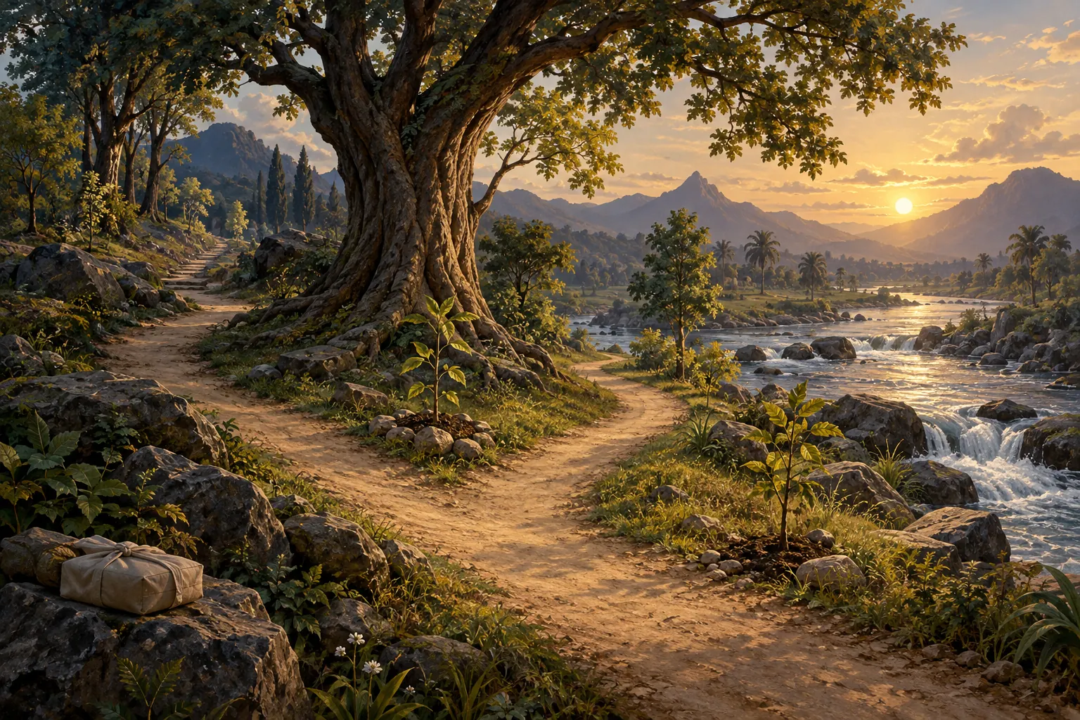 Artistic illustration: A branching footpath beside a river, with mature trees and young saplings.