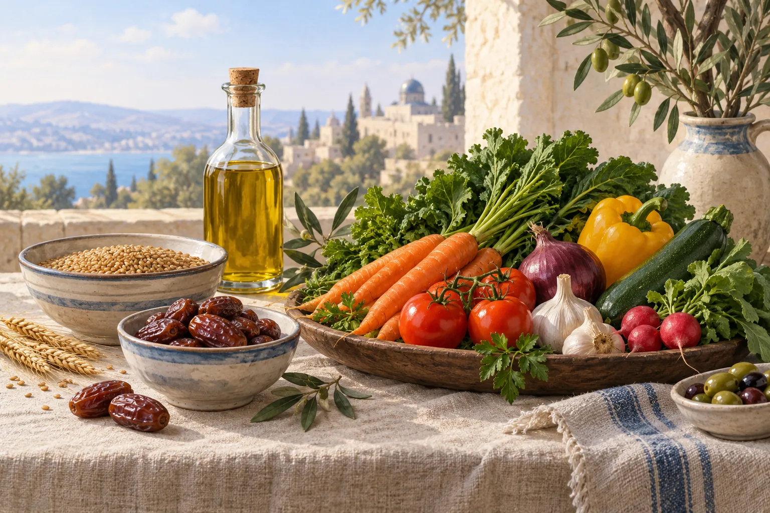 Vegetables, dates, grain, and olive oil arranged on a sunlit table.