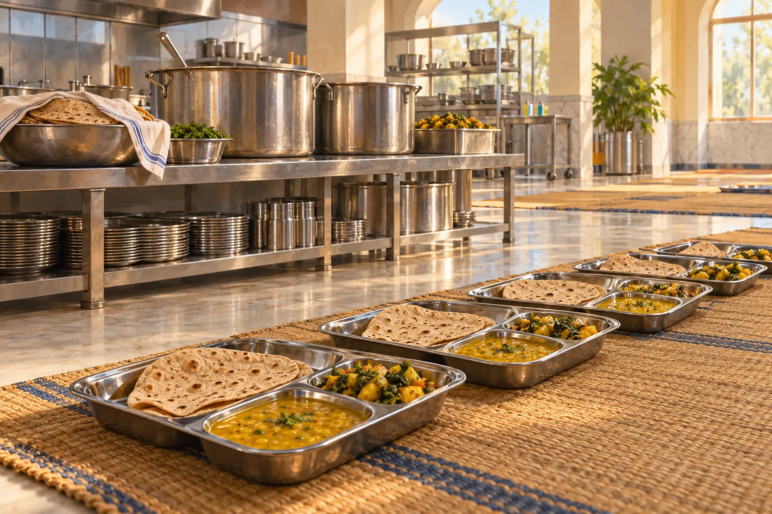 Steel trays of chapati, lentils and vegetables laid out beside community-kitchen pots.