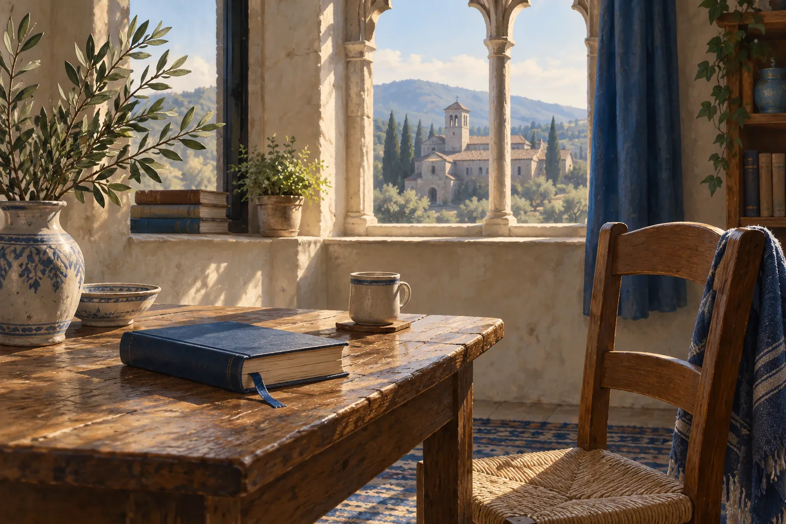 A closed blue book with a bookmark on a table beside an empty chair and bright window.