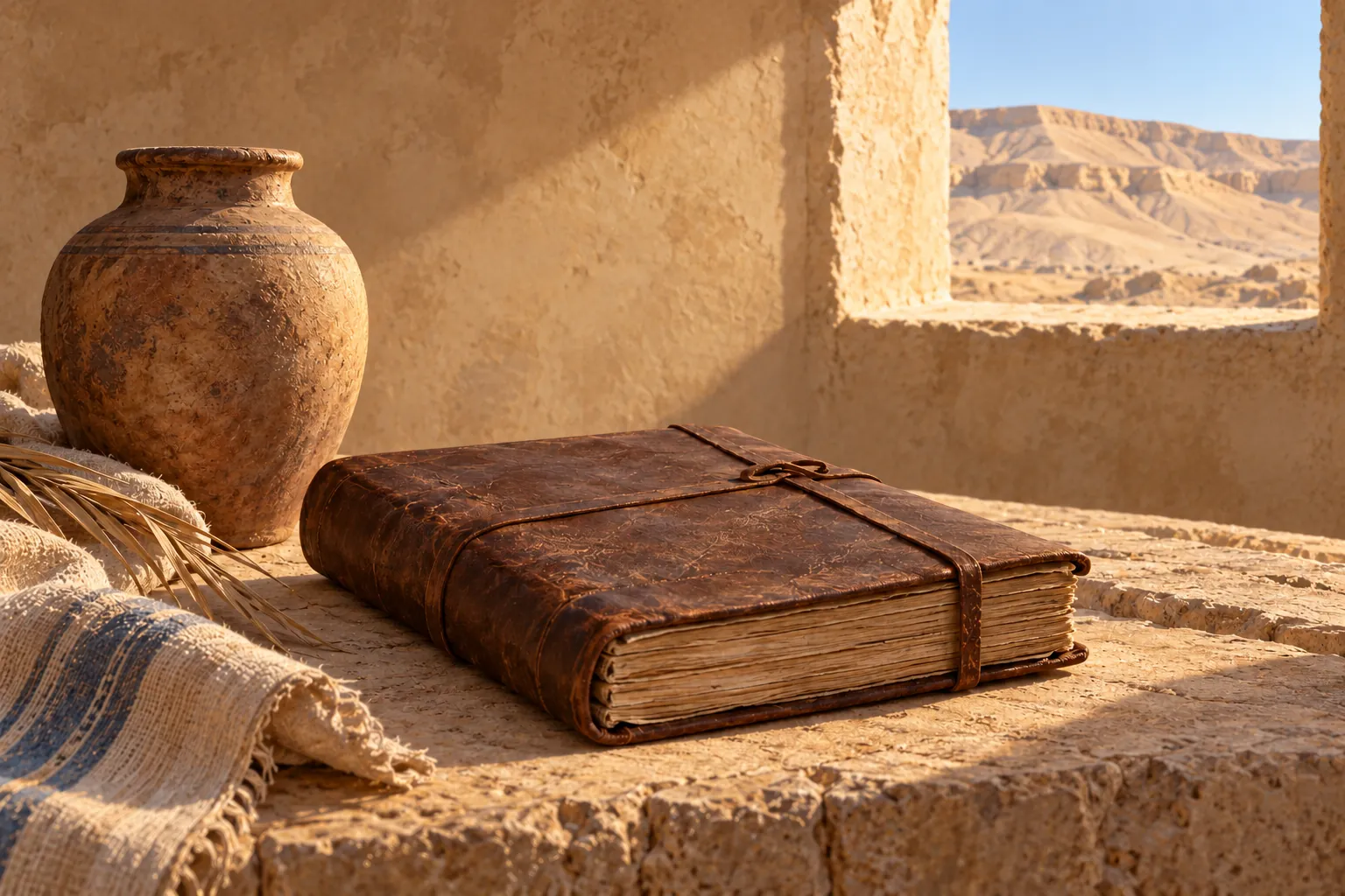 A closed leather-bound manuscript and pottery jar beside a window overlooking an arid hillside.