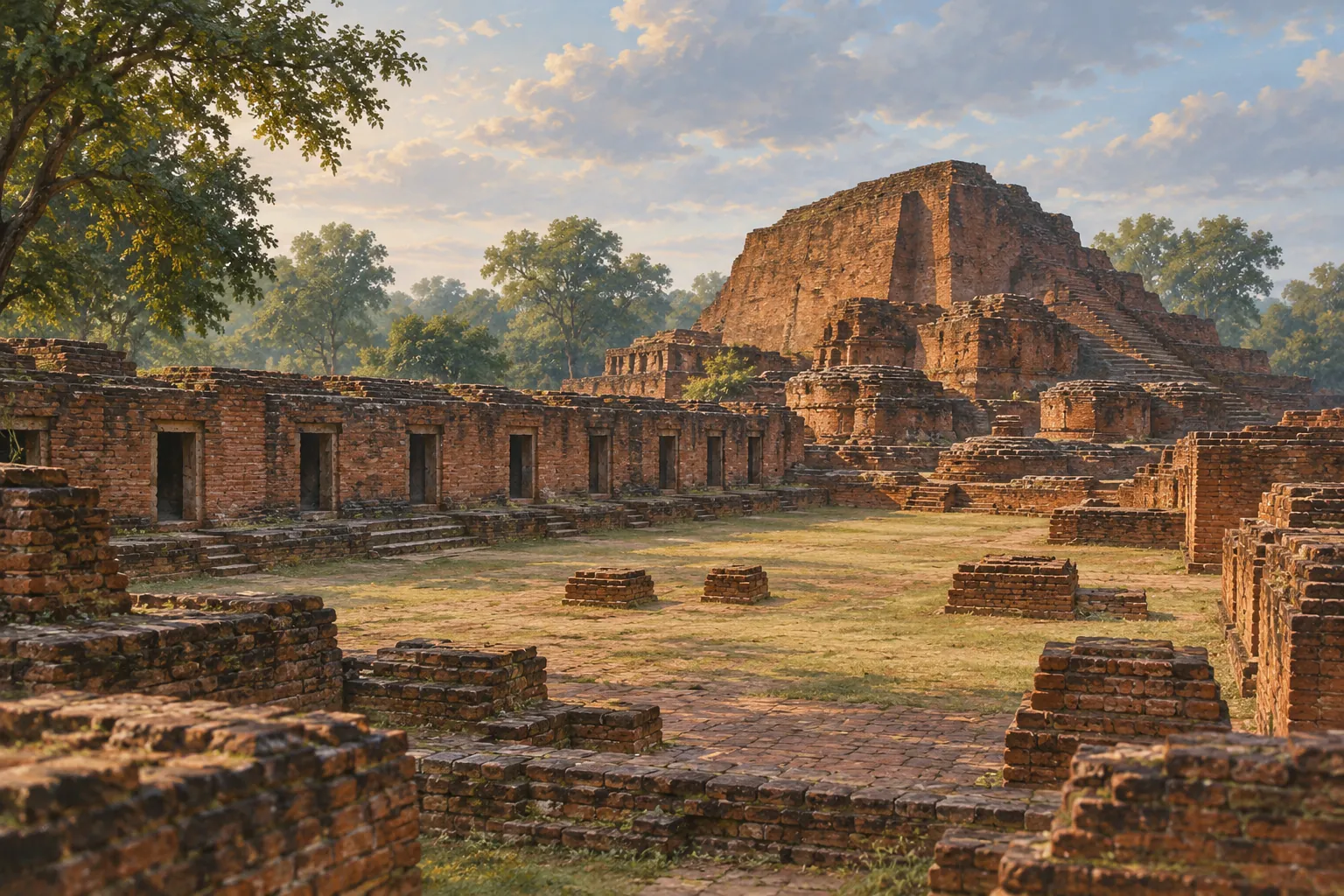 Weathered brick courtyards, rows of cells and a larger ruined structure among trees.