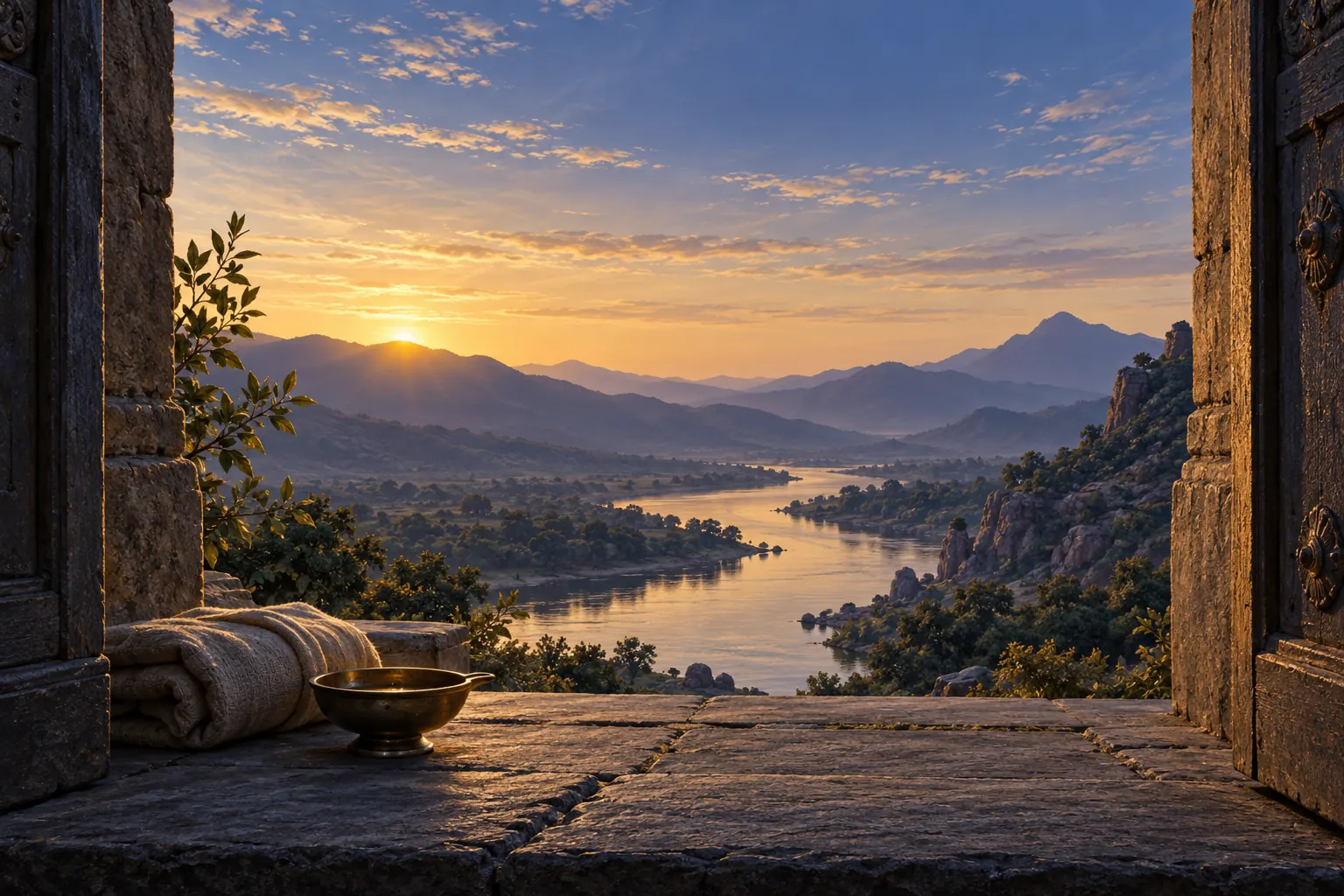 Artistic illustration: A calm river valley at dawn seen through a stone doorway.