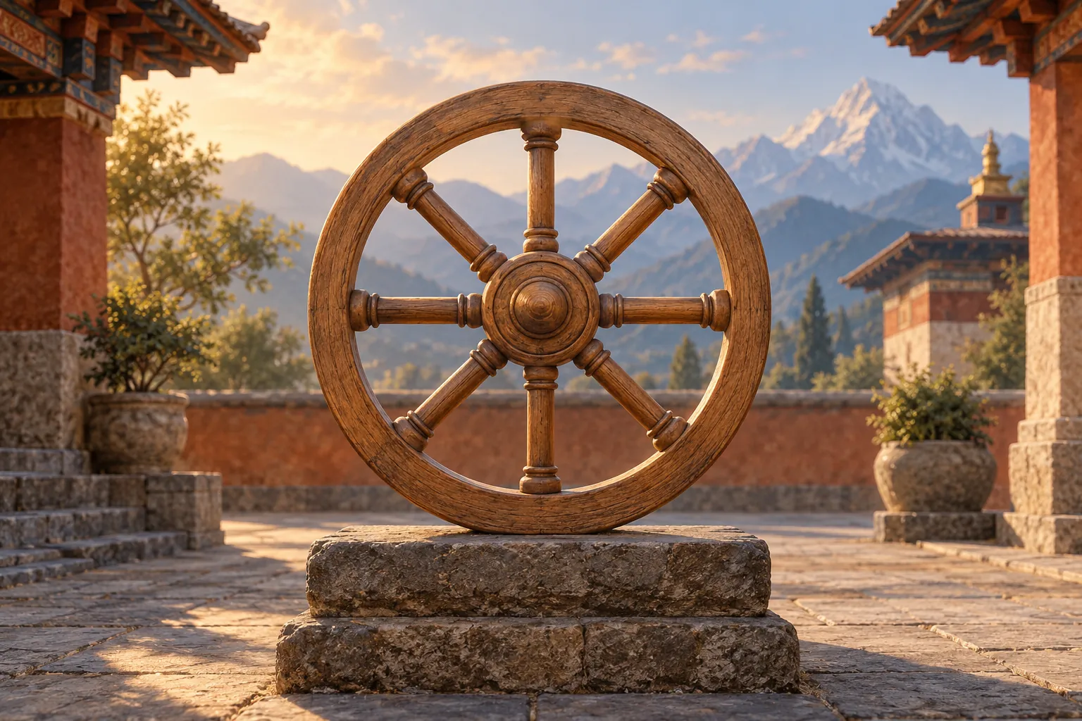 An eight-spoked wooden wheel on a stone pedestal in a quiet courtyard.