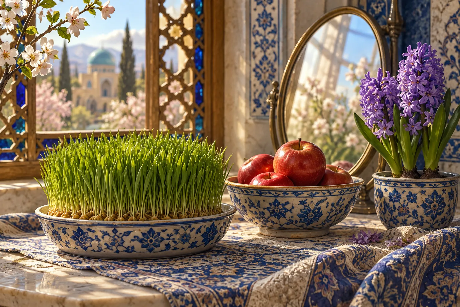 Green sprouts, red apples, a purple hyacinth, and a mirror arranged beside a bright window.