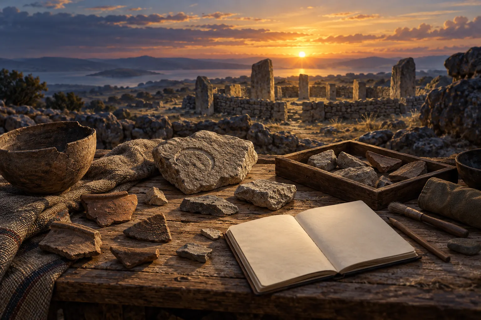 Artistic illustration: Stone fragments, pottery and a blank notebook near an imagined ancient enclosure.