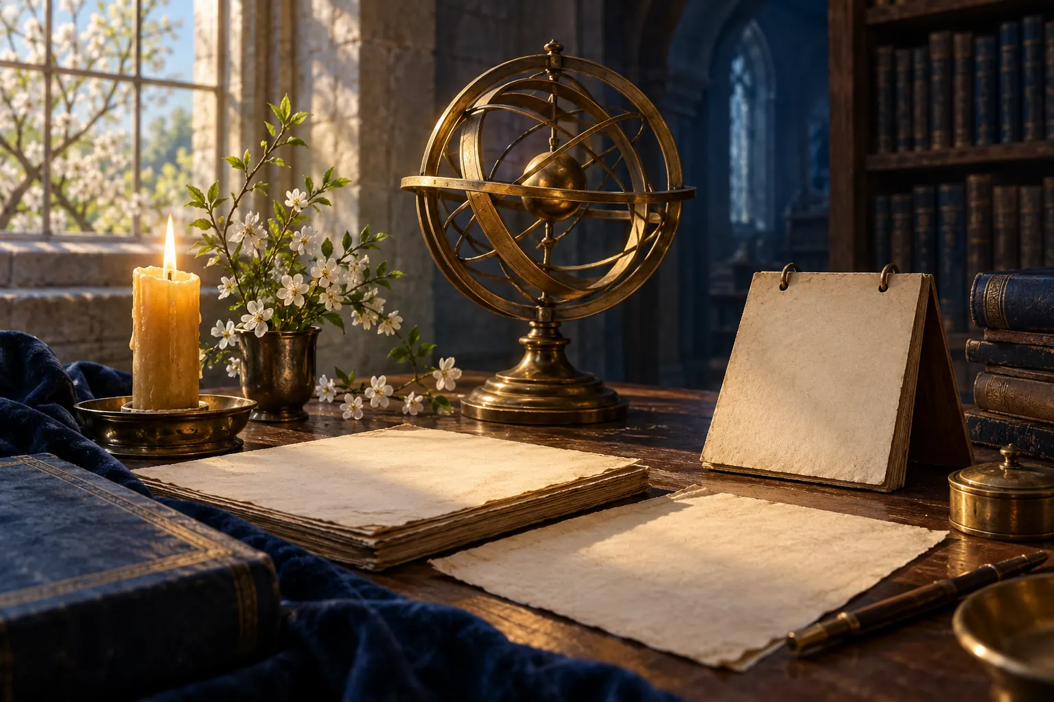 Artistic illustration: A candle, blank calendar and brass astronomical sphere on a library desk.