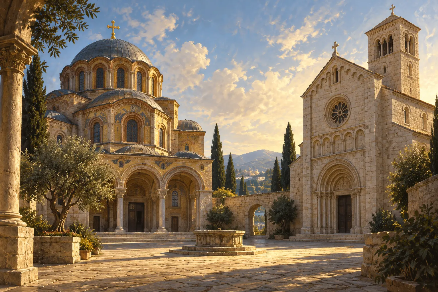 Artistic illustration: An imagined courtyard between a domed Eastern church and a western stone church.