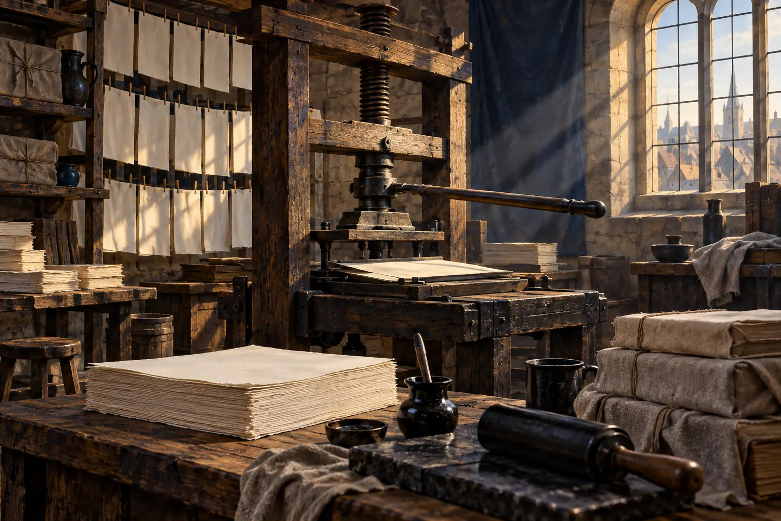 Artistic illustration: An imagined early printing workshop with a wooden press and blank sheets.