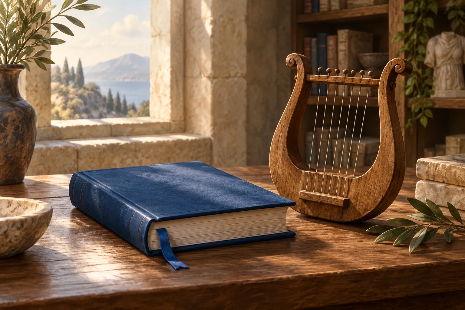 A closed blue book and a wooden lyre in soft light.