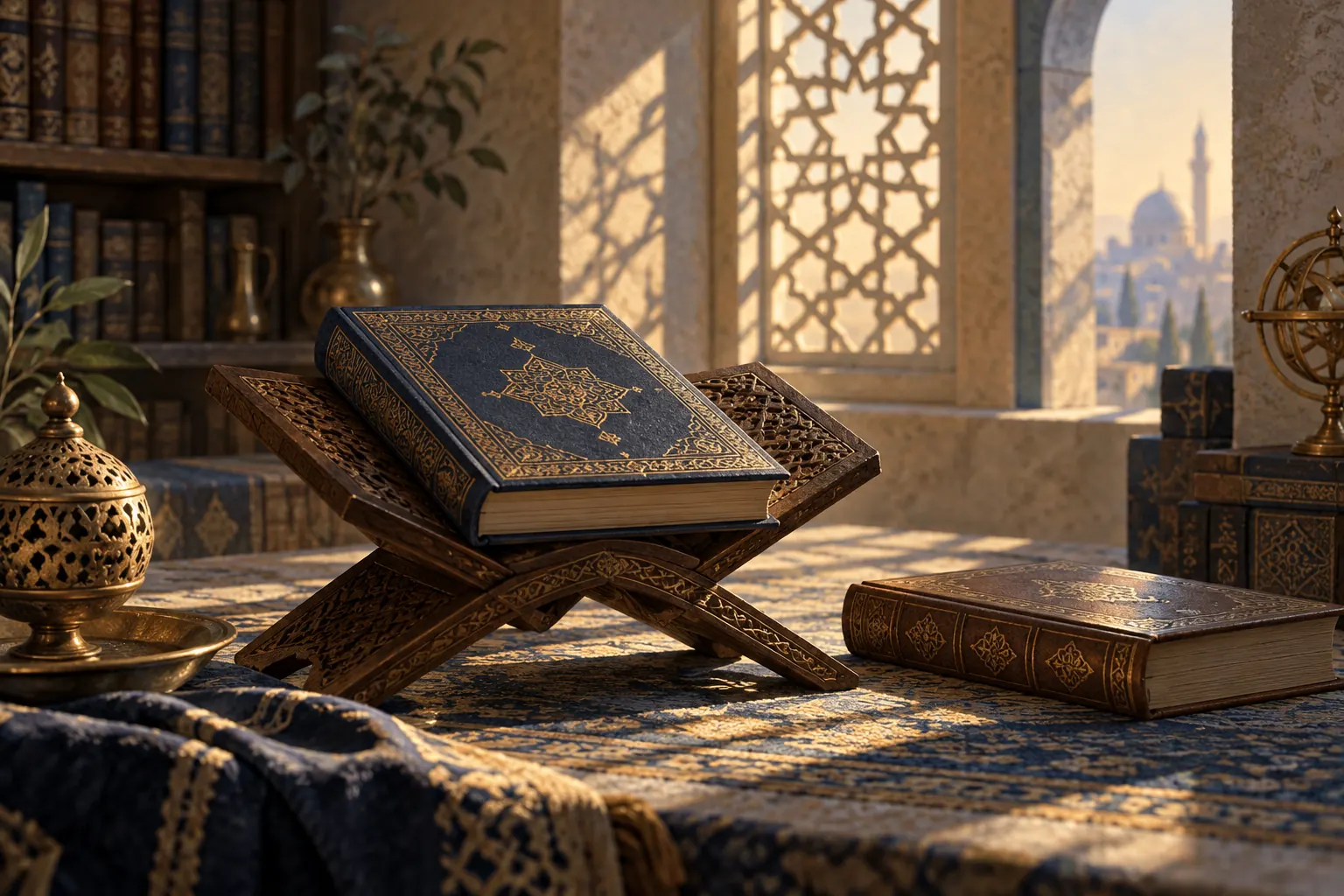 Artistic illustration: A closed book on a wooden reading stand beside a second book in a patterned study.