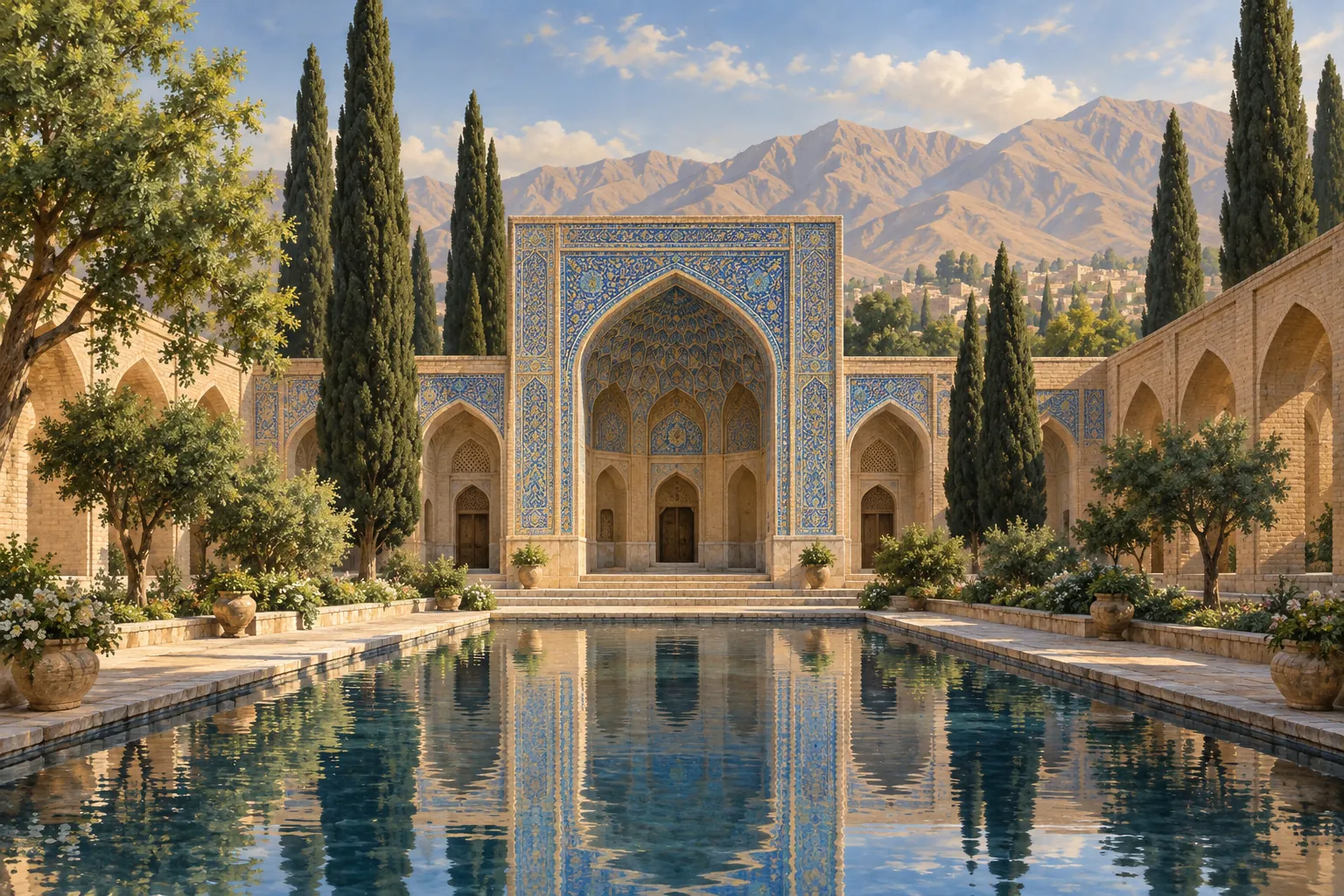 A blue tiled arch, cypress trees, and a reflecting pool in a sunlit courtyard beneath dry mountains.