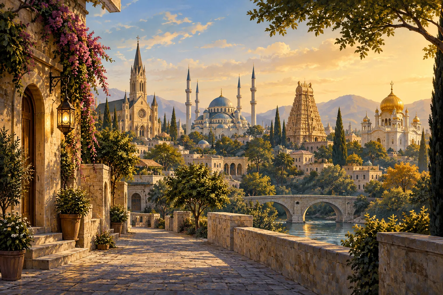 Artistic illustration: An imagined city landscape with church, mosque, temple and gurdwara architecture.