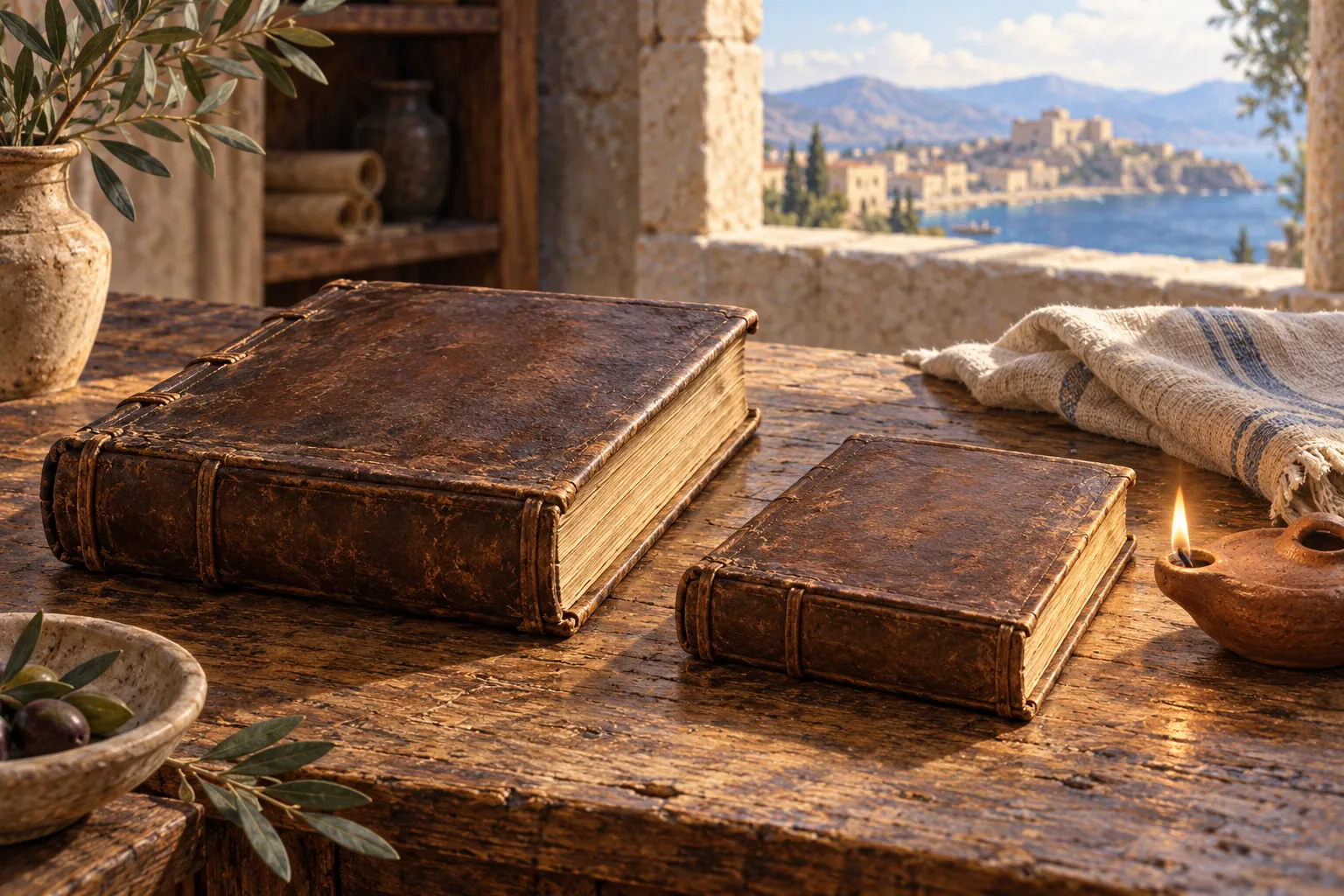 Two closed plain leather-bound books beside a small oil lamp.