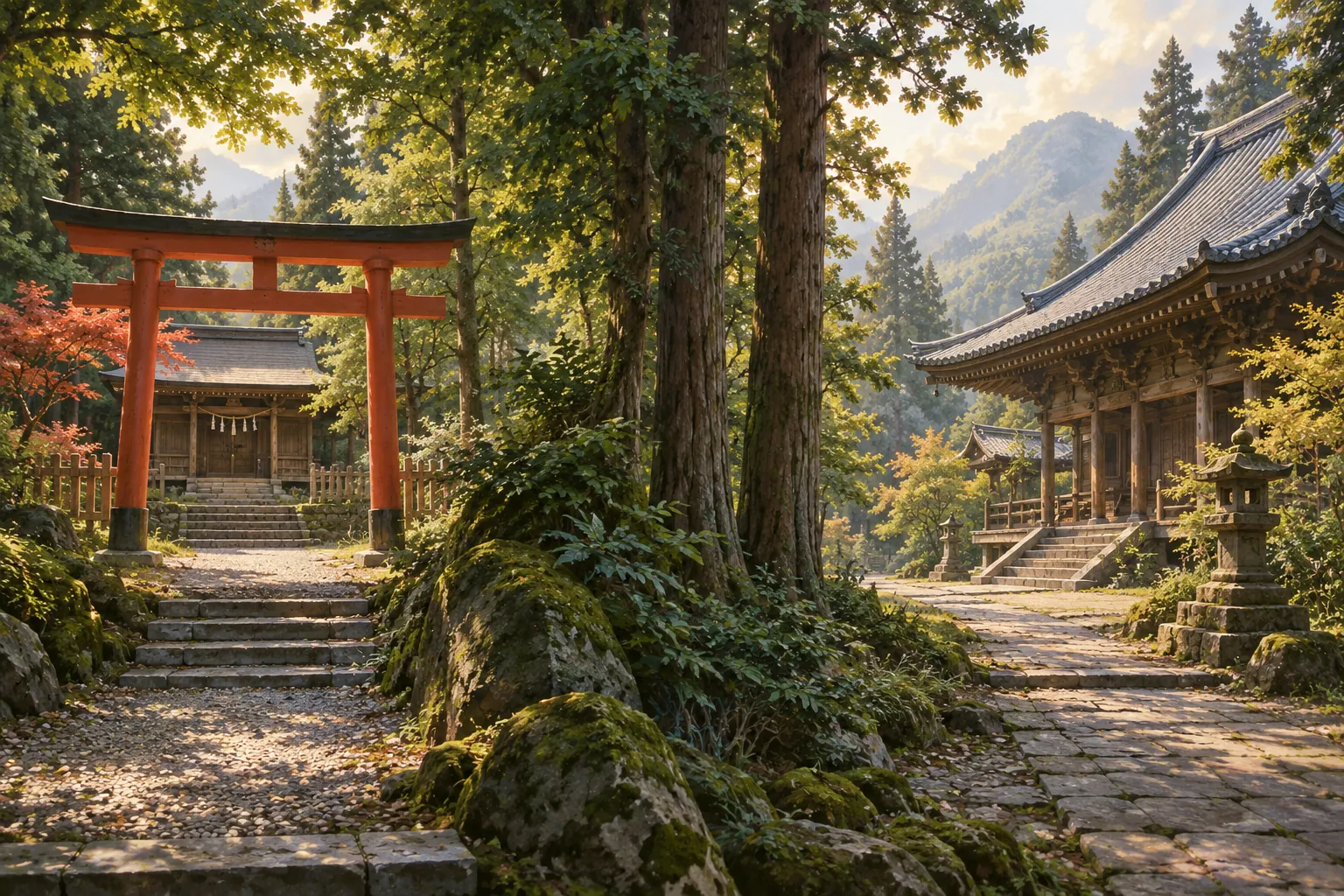 A torii and small shrine at left, with a tiled Buddhist-style temple hall at right, divided by trees.