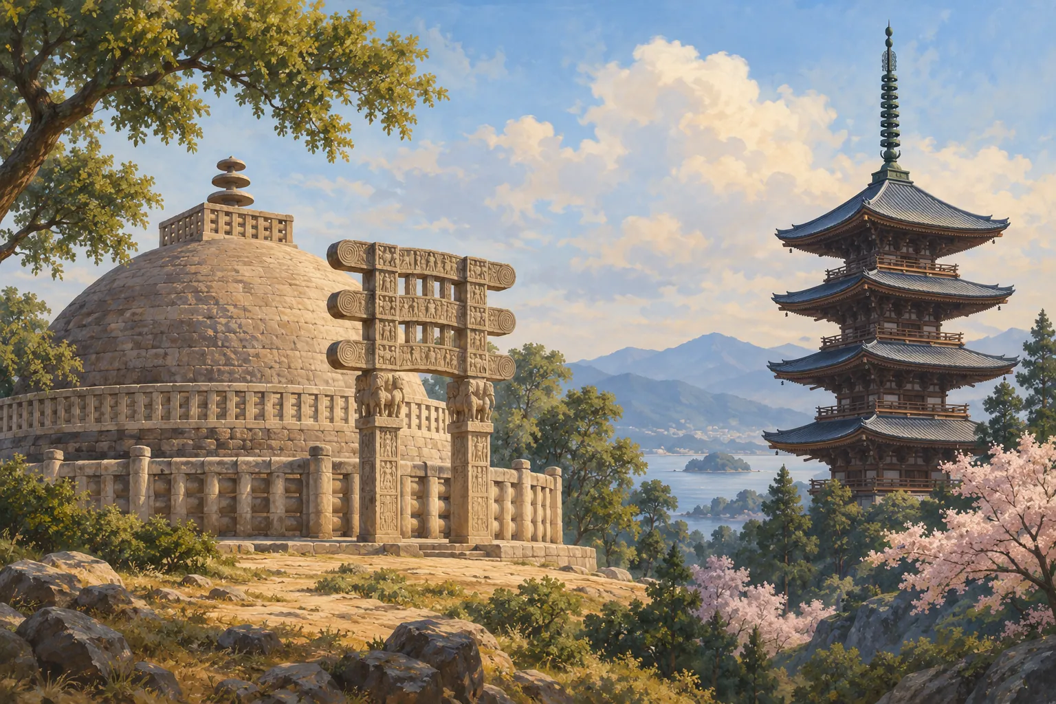 A rounded stupa with a gateway at left and a five-tiered pagoda at right.